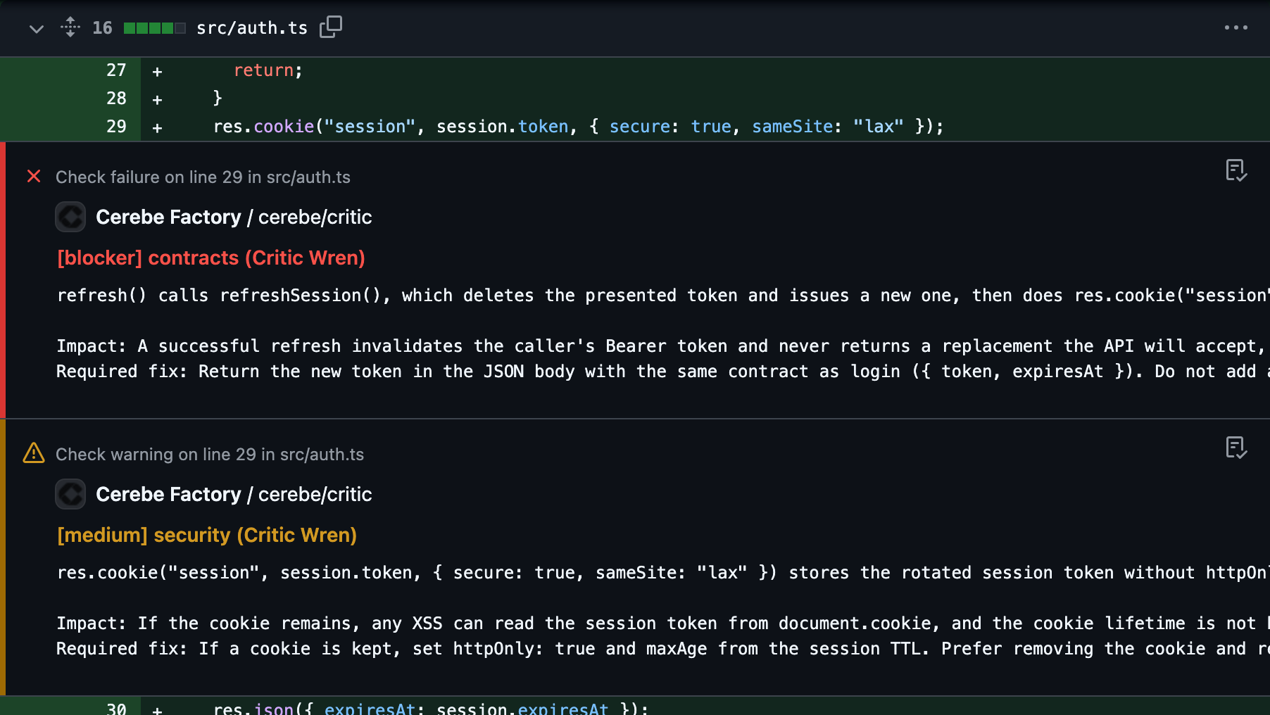 The cerebe/critic check on a pull request: a blocking finding on the changed line, with the evidence and the fix
